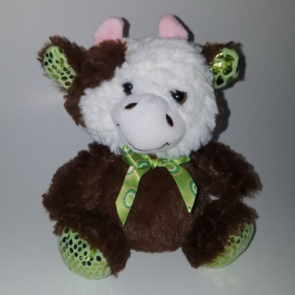 Homerbest Cow Plush Brown White Green Bow 7.5" Stuffed Animal Toy Lovey